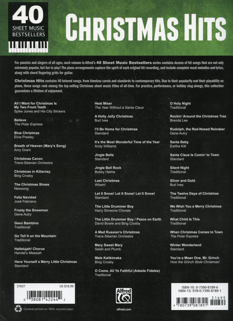 Song list / table of contents for the songbook, “40 Sheet Music Bestsellers,” which includes piano vocal guitar arrangements for songs like, “Heat Miser” from “The Year Without a Santa Claus,” “The Little Drummer Boy / Peace on Earth” by David Bowie and Bing Crosby, “Felix Navidad” by Jose Feliciano, “Santa Baby” by Eartha Kitt, “Last Christmas” by WHAM!, “Believe” from “The Polar Express,” and “Breath of Heaven (Mary’s Song)” by Amy Grant.